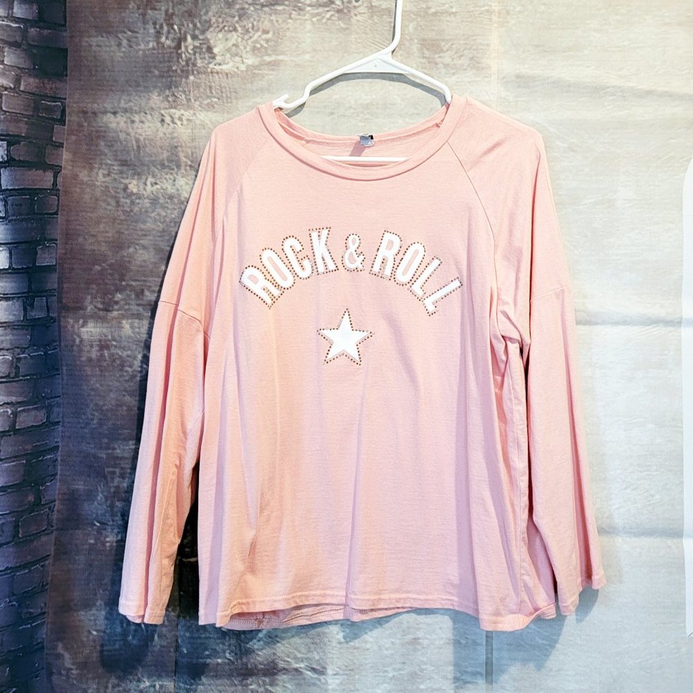 Rock & Roll Sweatshirt with Rhinestones Pink Size XL, Brand New!